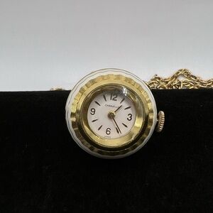 Vintage Caravelle Japan Orb Watch Necklace Gold White Enamel 1960s